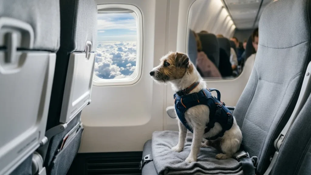 Petit chien en harnais dans siège avion