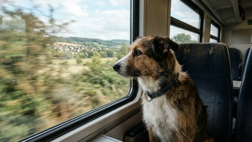 Chien regardant par la fenêtre d'un train en mouvement