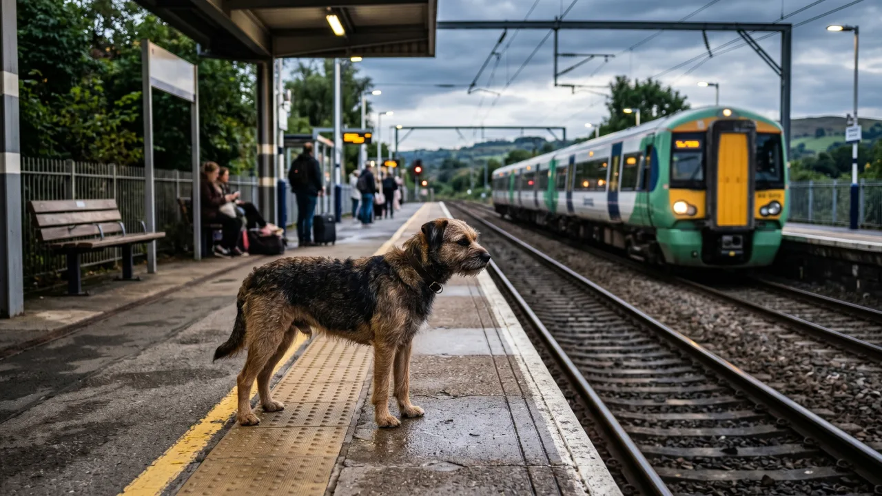 Chien sur le quai d'une gare avec un train qui arrive