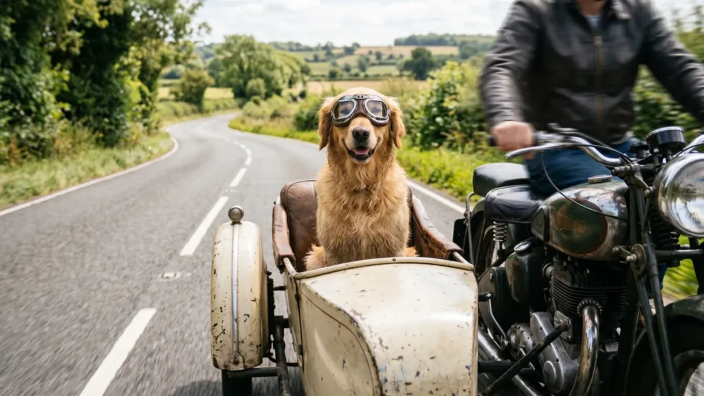 Chien assis dans un sidecar de moto